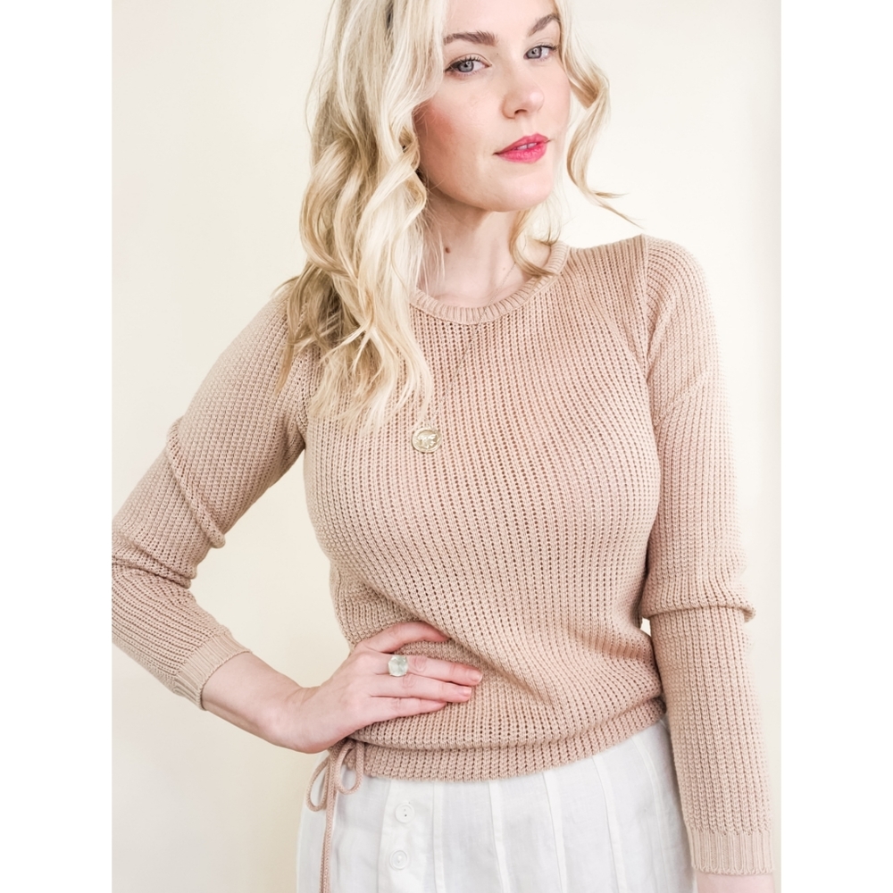 70s Tan Tie Waist Neutral Long Sleeve VTG Sweater